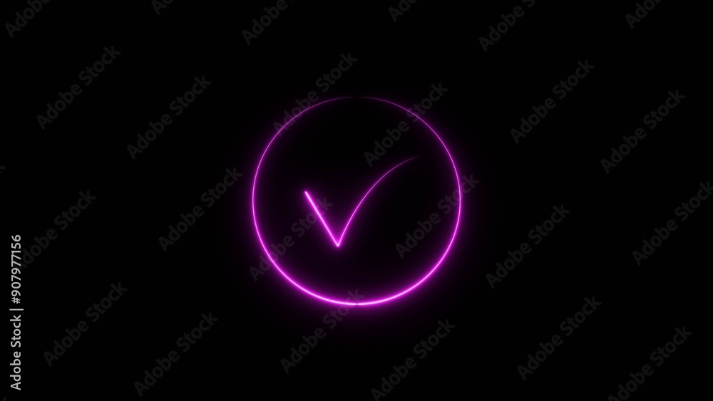 neon check mark icon neon glowing magenta color and magenta circle 4k illustration. neon check mark icon neon glowing magenta color and magenta circle 4k illustration.