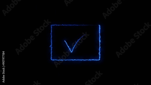 neon check mark icon neon glowing blue color and blue rectangle 4k illustration. 