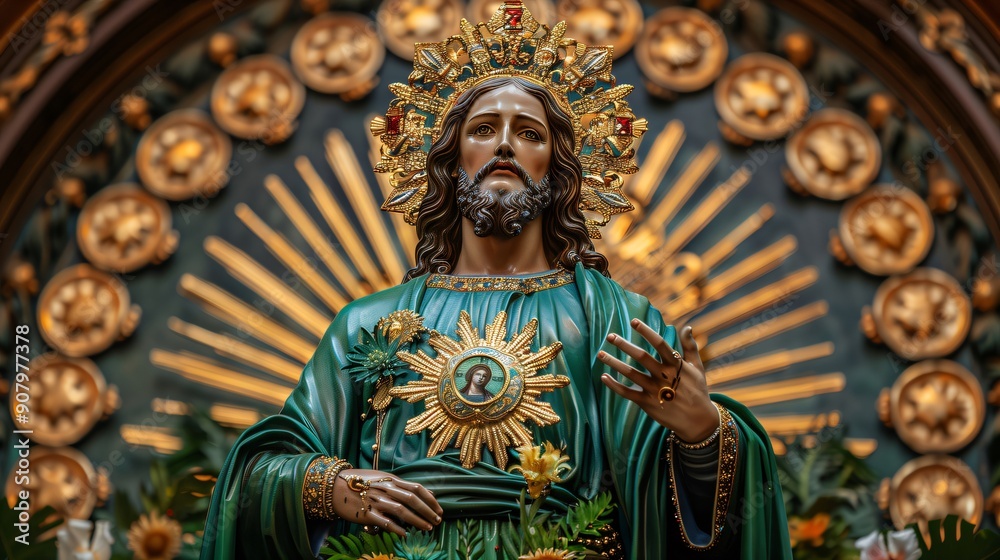 Majestic statue of jesus christ wearing a crown and green robe, standing inside a church with an ornate gold background Majestic statue of jesus christ wearing a crown and green robe, standing inside a church with an ornate gold background