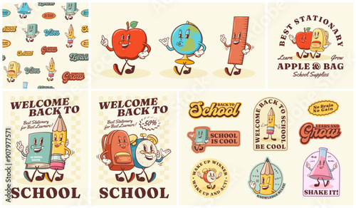 Groovy Back to School Retro Characters Set, Pattern, Sckers and Posters. Cartoon Pencil, Clock, Book. Vector Education Mascot Templates. Happy Vintage Cool Learning Personage Illustrations Isolated