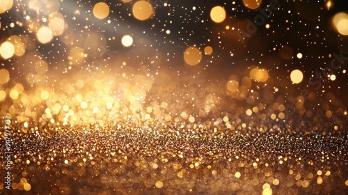 Twinkling golden glitter falling on a flat surface with a spotlight effect.