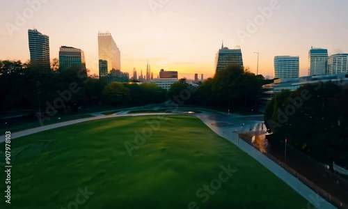 Sunset over the city, Park at sunset, aerial view