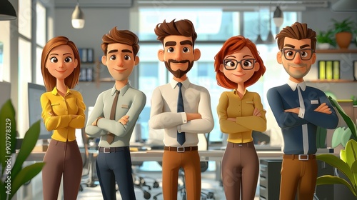 A working team of professionals. 3D illustration. Cartoon characters. Business teamwork concept. Animated professional team collaborating efficiently in a modern office setting.