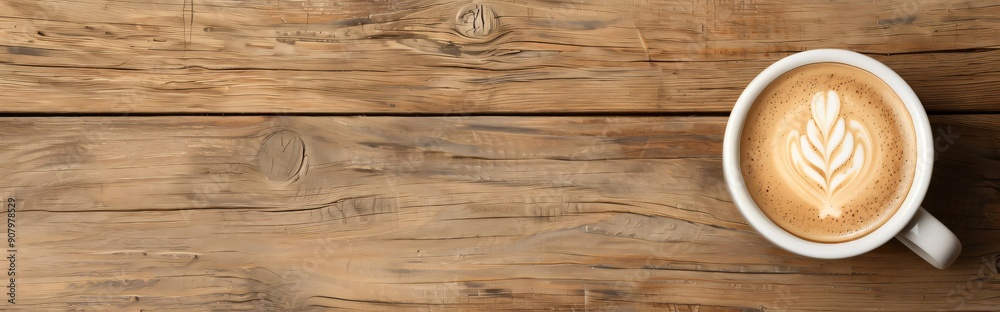 Panoramic banner with steaming cup of coffee with latte art on a rustic wooden table creates a cozy atmosphere, perfect for breakfast or a coffee break. Sweet cappuccino Panoramic banner with steaming cup of coffee with latte art on a rustic wooden table creates a cozy atmosphere, perfect for breakfast or a coffee break. Sweet cappuccino