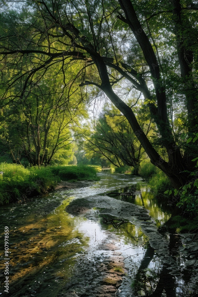 A stream of water flows through a forest. The water is clear and calm, and the trees are lush and green. The scene is peaceful and serene, with the sunlight filtering through the leaves A stream of water flows through a forest. The water is clear and calm, and the trees are lush and green. The scene is peaceful and serene, with the sunlight filtering through the leaves