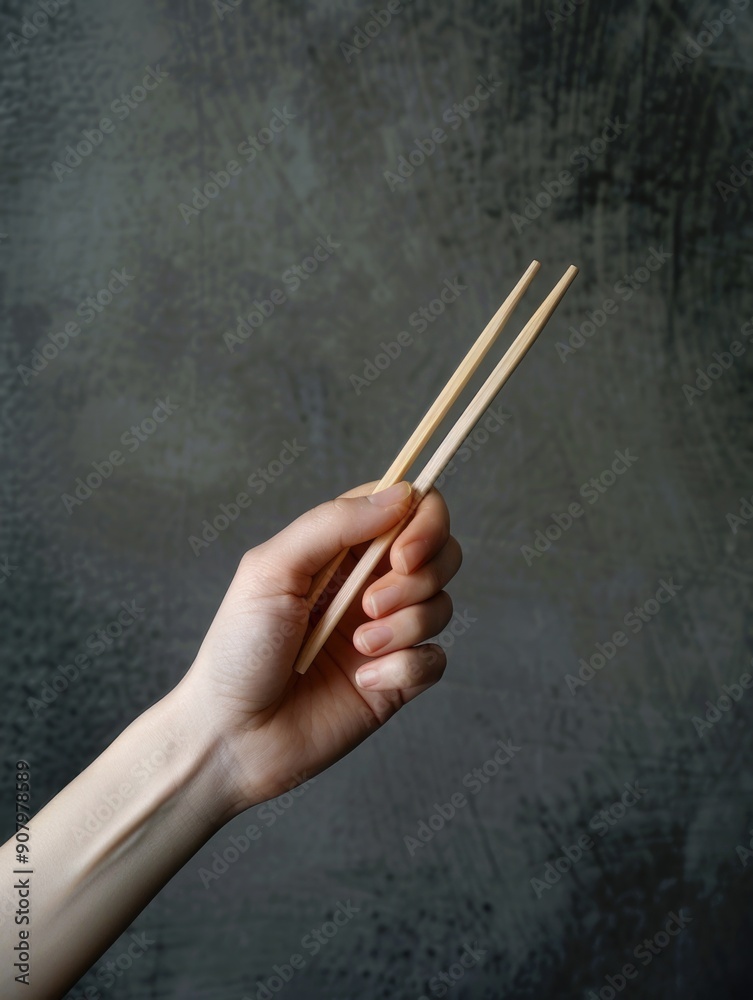 A hand holding chopsticks with a wooden handle. The chopsticks are not in use. Concept of calm and relaxation, as the person holding the chopsticks is not actively using them A hand holding chopsticks with a wooden handle. The chopsticks are not in use. Concept of calm and relaxation, as the person holding the chopsticks is not actively using them