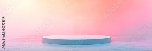 Minimalist Product Display with Pastel Gradient Background - A simple, white cylindrical podium sits on a light-colored surface. A pastel pink and yellow gradient background illuminates the scene, cre