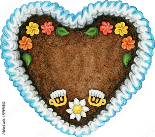 Watercolor hand drawn gingerbread oktoberfest decorated heart photo