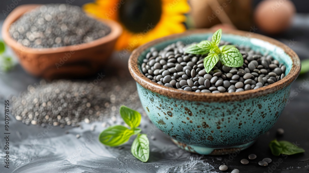 Black beluga lentils filling a teal bowl, garnished with fresh mint, with chia seeds in a terracotta bowl and a sunflower in the background Black beluga lentils filling a teal bowl, garnished with fresh mint, with chia seeds in a terracotta bowl and a sunflower in the background
