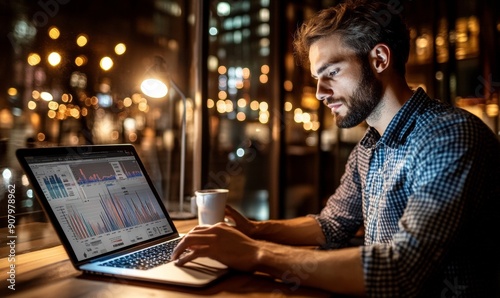 A young man who works on his laptop remotely from his house