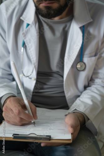 A doctor is writing on a clipboard. The doctor is wearing a white coat