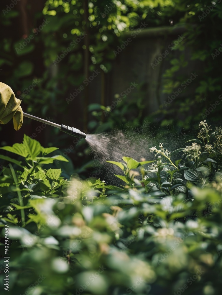 Obraz premium A person is spraying a garden with a hose. The garden is full of green plants and flowers
