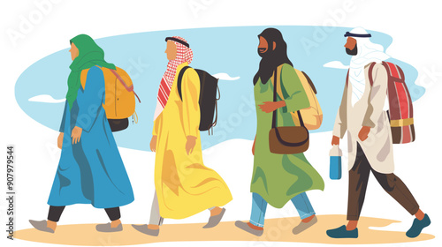 Group people wearing traditional Middle Eastern attire walking backpacks. Two men two women diverse ethnicities, likely traveling trekking. Colorful clothing, outdoor setting, clear sky