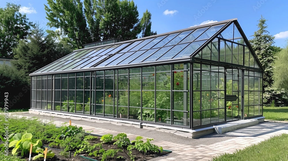 Fototapeta premium a large glass greenhouse.