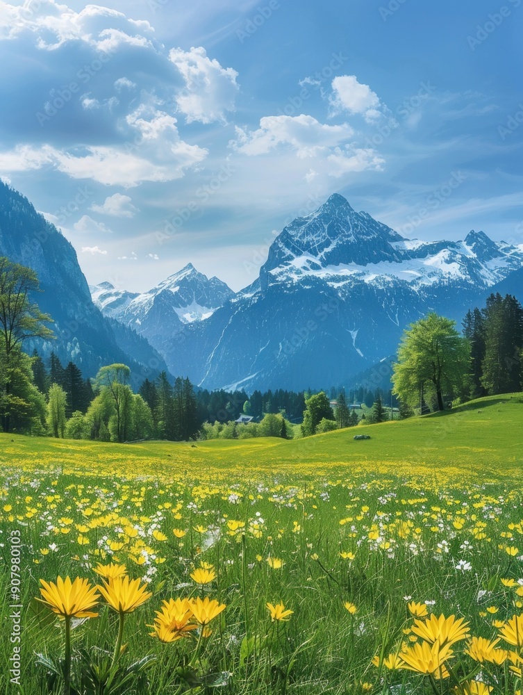 Fototapeta premium A beautiful mountain landscape with a field of yellow flowers. The sky is clear and the sun is shining brightly. Scene is peaceful and serene, with the mountains