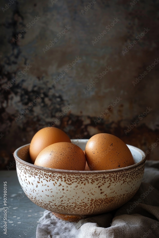A bowl of three eggs sits on a table. The eggs are brown and speckled, and the bowl is white with a pattern. The scene is simple and uncluttered, with the eggs as the main focus A bowl of three eggs sits on a table. The eggs are brown and speckled, and the bowl is white with a pattern. The scene is simple and uncluttered, with the eggs as the main focus