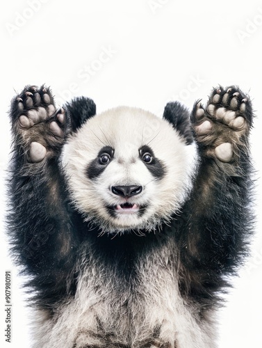 A baby panda is standing on its hind legs and waving its paws. Concept of playfulness and curiosity, as the baby panda seems to be excited and eager to interact with its surroundings