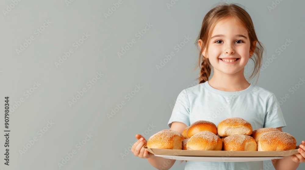 Smiling girl holding a tray of freshly baked buns. Joyful child presenting homemade baked goods. Happy and wholesome moment. Smiling girl holding a tray of freshly baked buns. Joyful child presenting homemade baked goods. Happy and wholesome moment.