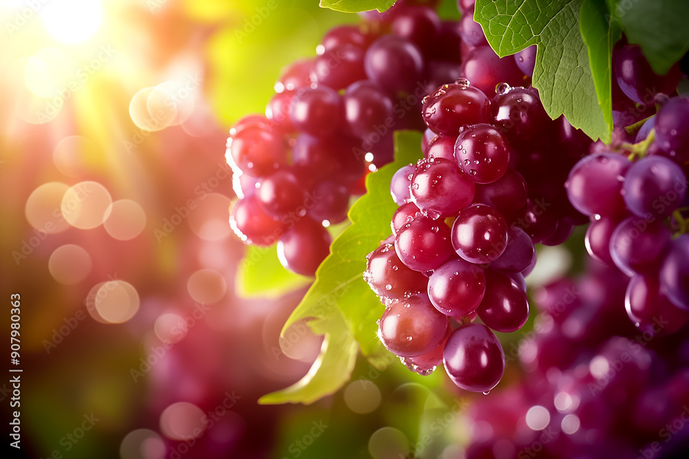 A cluster of vibrant grapes adorned with dew drops illuminated by soft, gentle light creating an enchanting visual experience A cluster of vibrant grapes adorned with dew drops illuminated by soft, gentle light creating an enchanting visual experience