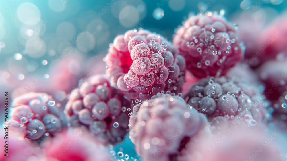 Fresh red raspberries with water drops on blue background, bursting with sweetness and organic goodness Fresh red raspberries with water drops on blue background, bursting with sweetness and organic goodness