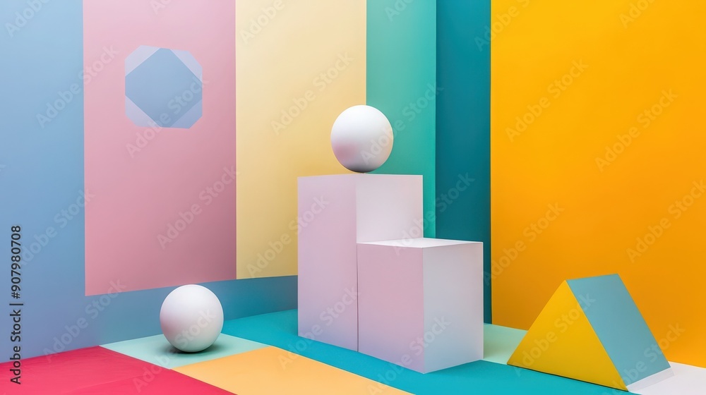A vibrant abstract scene with geometric shapes and pastel colors, creating a playful and modern artistic environment. A vibrant abstract scene with geometric shapes and pastel colors, creating a playful and modern artistic environment.