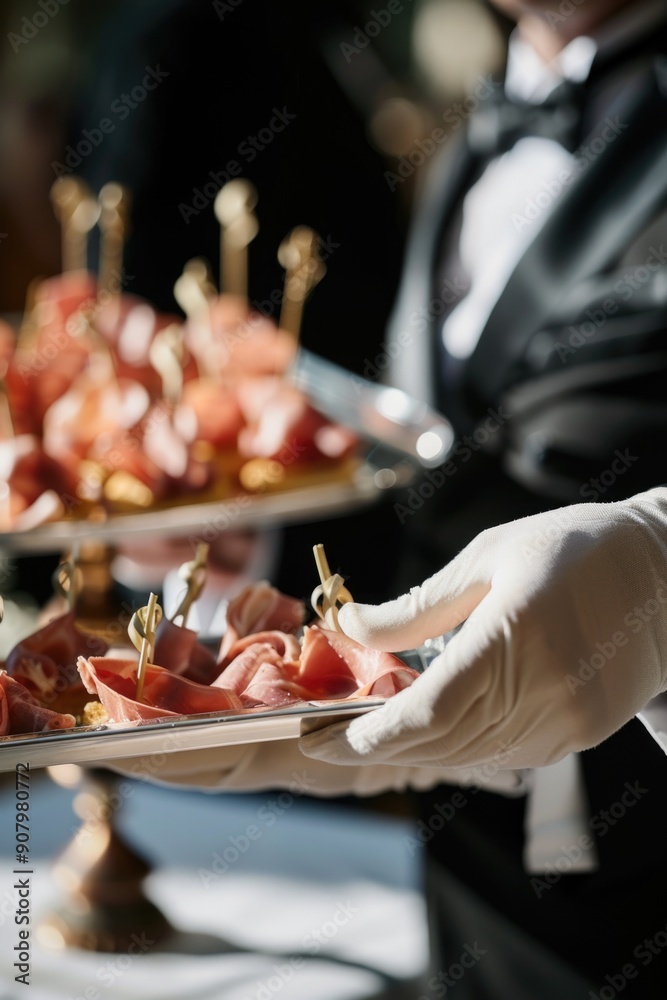 A man in a black suit is holding a tray of food with skewers. The food is on a silver tray and the man is wearing a white glove A man in a black suit is holding a tray of food with skewers. The food is on a silver tray and the man is wearing a white glove