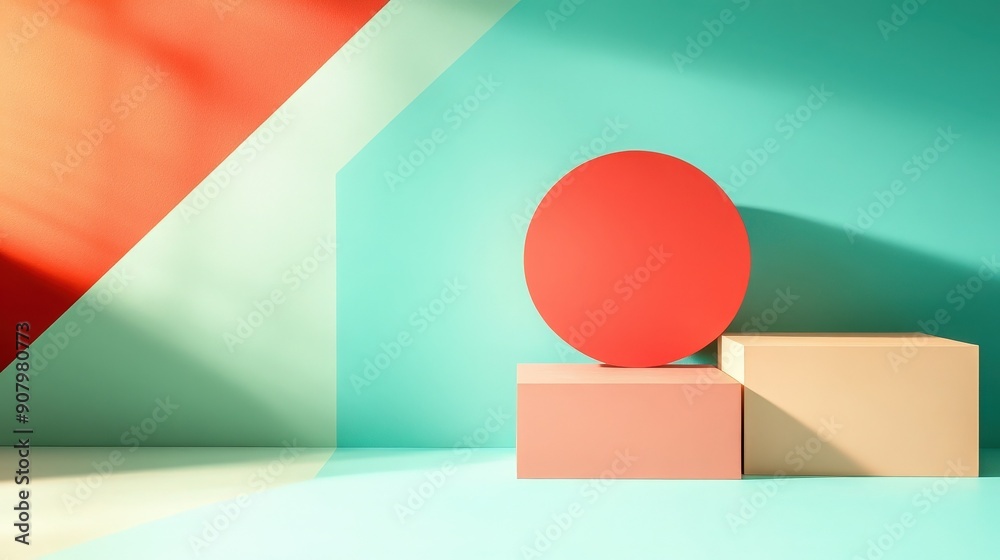 A vibrant composition of geometric shapes with a bold red circle and pastel blocks against a colorful background. A vibrant composition of geometric shapes with a bold red circle and pastel blocks against a colorful background.