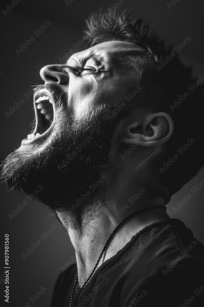 A man with a beard is screaming. The image is in black and white. The man's face is the main focus of the image A man with a beard is screaming. The image is in black and white. The man's face is the main focus of the image