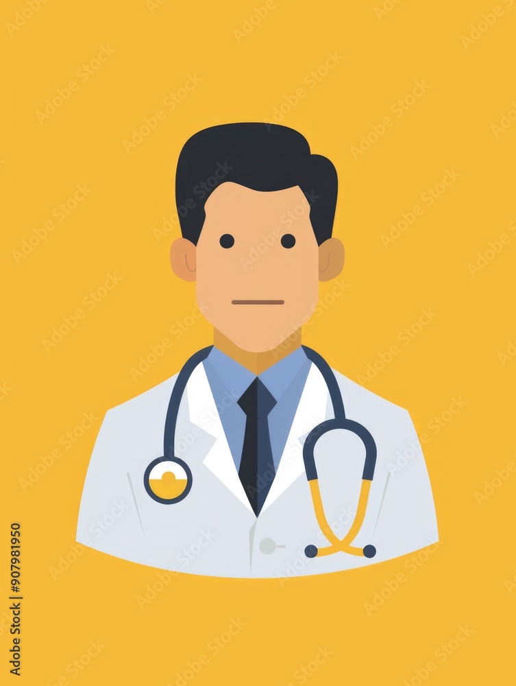 Fototapeta premium A man in a white lab coat with a stethoscope around his neck. He looks sad