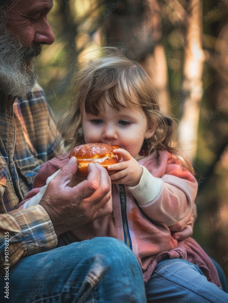 Naklejka premium A man and a little girl are sitting together in a forest, the man holding a doughnut for the girl