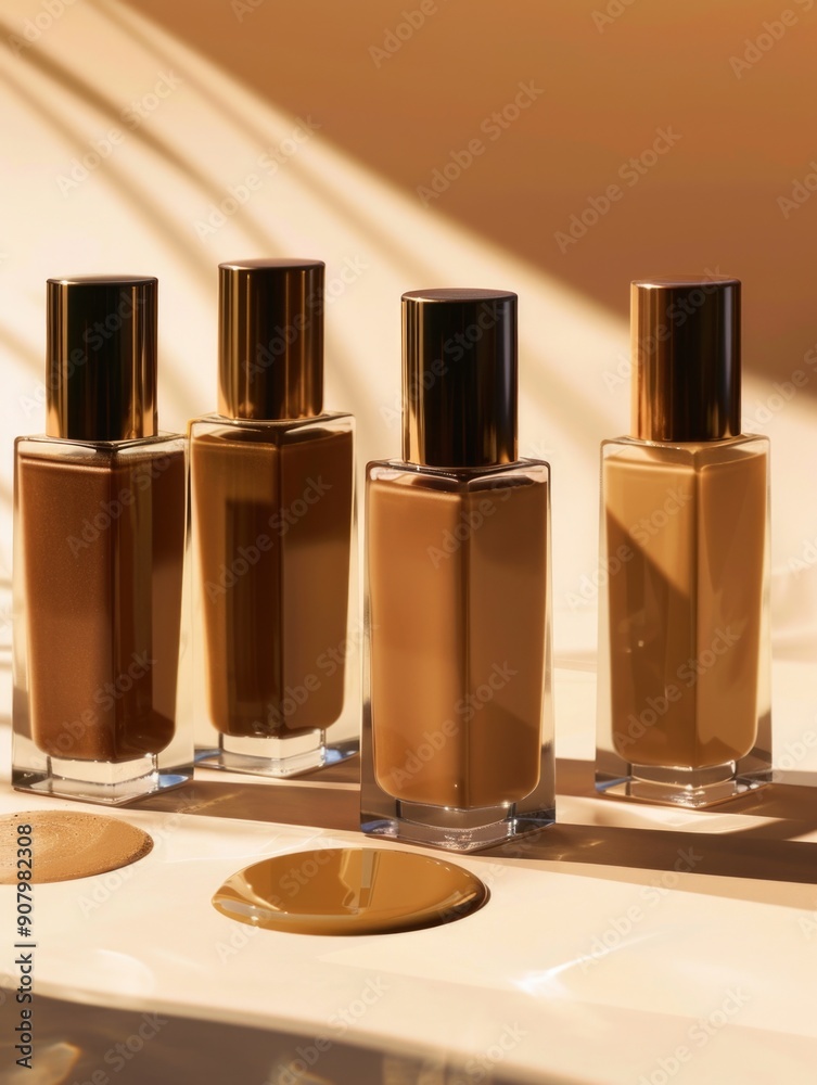 Four bottles of foundation are lined up on a table. The bottles are all different shades of brown, with one being a lighter shade than the others. The bottles are arranged in a row Four bottles of foundation are lined up on a table. The bottles are all different shades of brown, with one being a lighter shade than the others. The bottles are arranged in a row