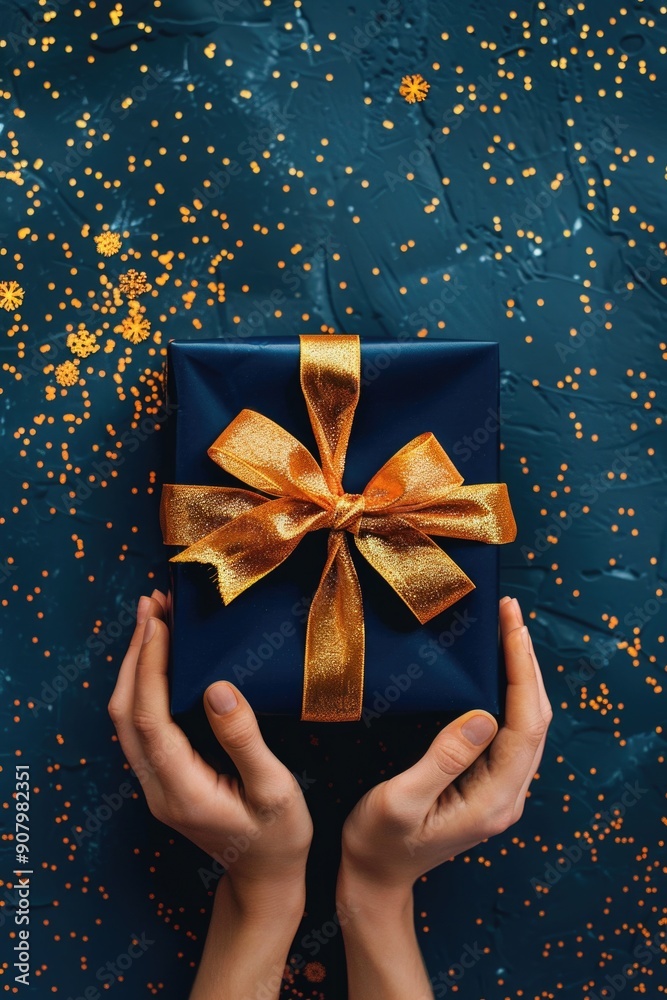 A person is holding a blue box with a gold ribbon on it A person is holding a blue box with a gold ribbon on it
