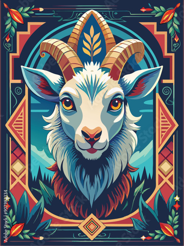 A stylized illustration of a goat's head with ornate framing and floral accents