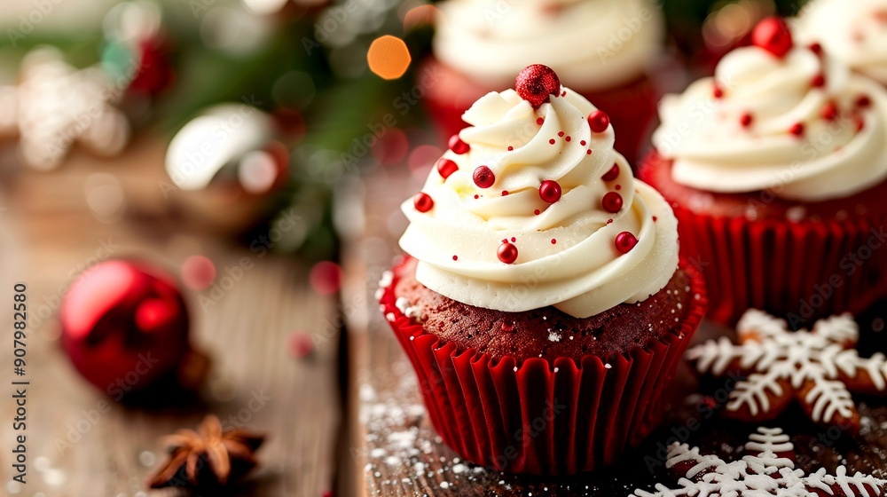 Food photo of Christmas red cupcakes with white cream and decoration. Food photo of Christmas red cupcakes with white cream and decoration.