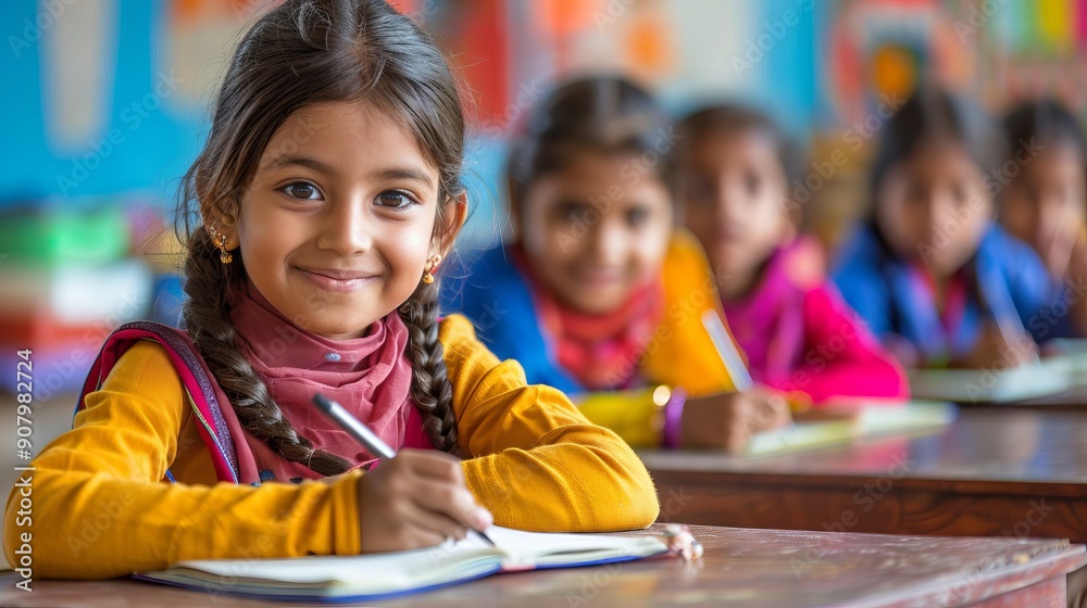 Smiling Indian Student Diligently Writing in a Notebook in Classroom . Education, Academic Smiling Indian Student Diligently Writing in a Notebook in Classroom . Education, Academic