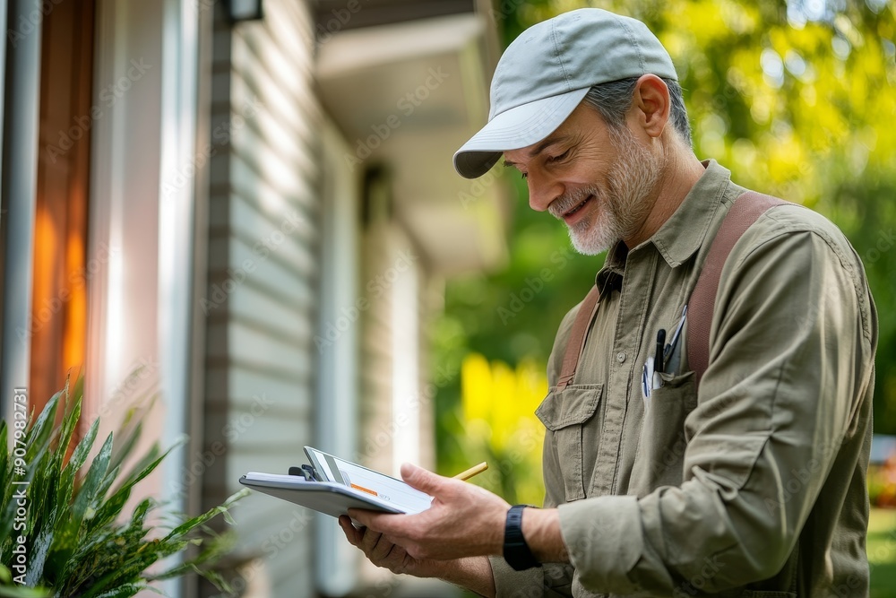 Close-up of a technician consulting with homeowners about natural pest repellent options. High-resolution, detailed textures, crisp focus Close-up of a technician consulting with homeowners about natural pest repellent options. High-resolution, detailed textures, crisp focus