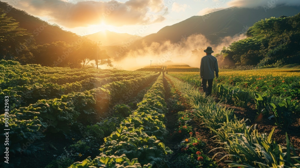 A picturesque view of an organic farm at dawn, with morning mist rising from the fields. The farmer, seen from a distance, walks along a path lined with flourishing plants and flowers. A picturesque view of an organic farm at dawn, with morning mist rising from the fields. The farmer, seen from a distance, walks along a path lined with flourishing plants and flowers.