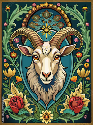 A Detailed Illustration of a Ram's Head Framed by Floral Motifs