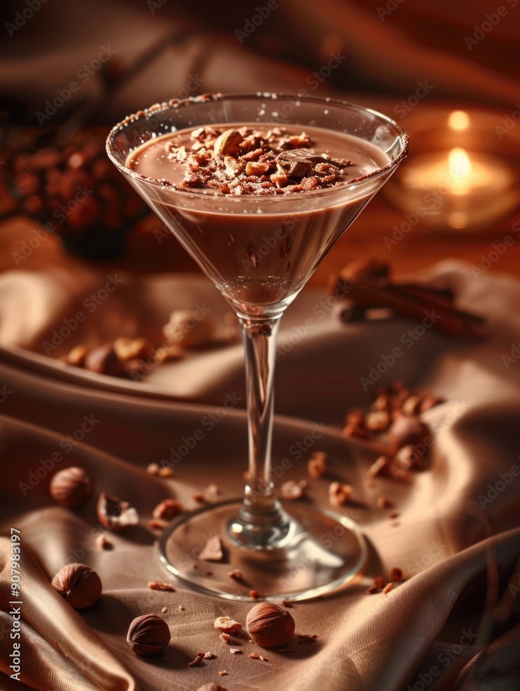 A martini glass filled with chocolate and nuts is on a table. The glass is half full and the drink is garnished with nuts. The scene is set in a cozy and intimate atmosphere A martini glass filled with chocolate and nuts is on a table. The glass is half full and the drink is garnished with nuts. The scene is set in a cozy and intimate atmosphere