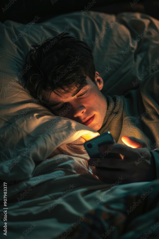 A young man is lying in bed with his phone in his hand. He is looking at the screen, possibly texting or browsing the internet. Concept of relaxation and leisure