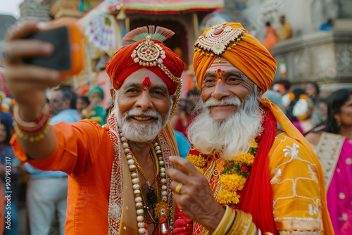 Indian elders in traditional attire taking a selfie at a vibrant festival