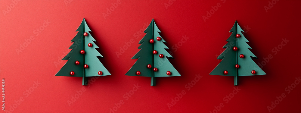 Green paper Christmas trees on a red isolated background. Red and green Christmas template with copy space Green paper Christmas trees on a red isolated background. Red and green Christmas template with copy space
