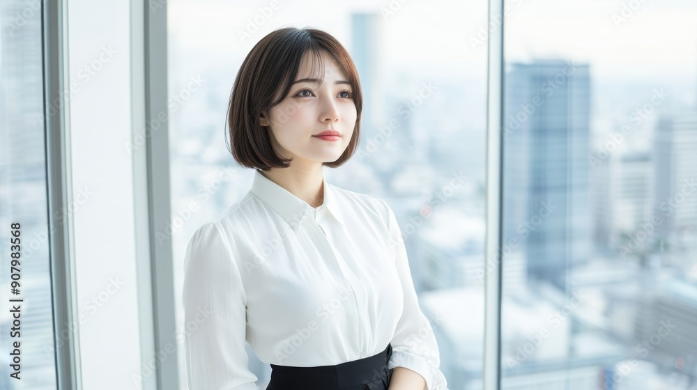 Young professional woman in a modern office, looking out the window with cityscape view. Represents confidence, ambition, and career development. Young professional woman in a modern office, looking out the window with cityscape view. Represents confidence, ambition, and career development.