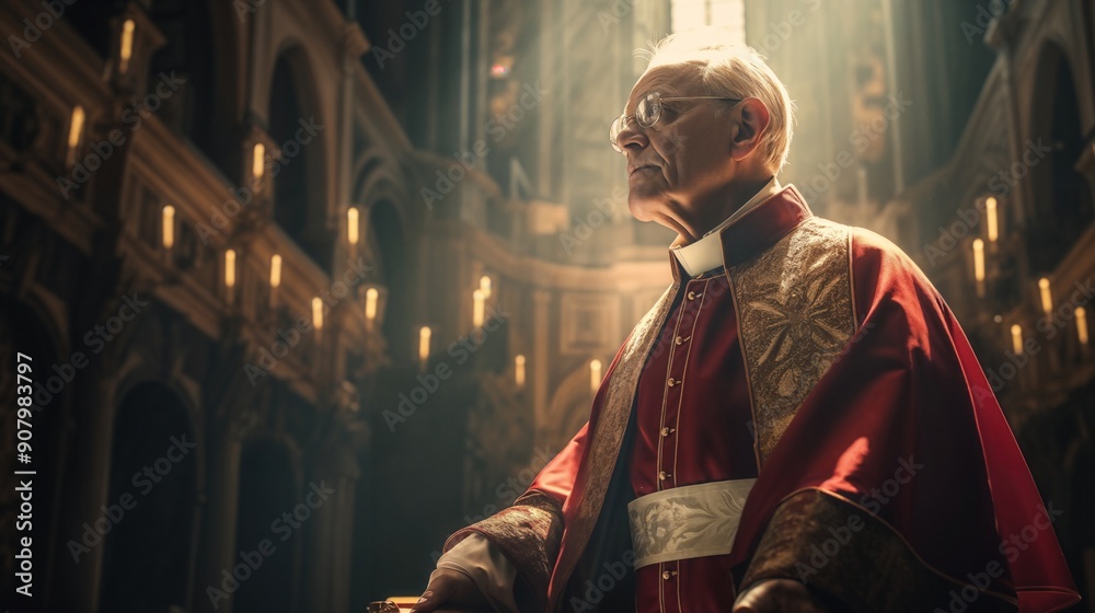 Fototapeta premium Roman Catholic Cardinal in Vatican Surrounded by God Rays and Ornate Stained Glass