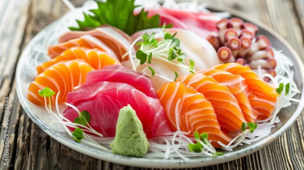 A plate of colorful and fresh sashimi, featuring slices of tuna, salmon, yellowtail, and octopus. The sashimi is arranged A plate of colorful and fresh sashimi, featuring slices of tuna, salmon, yellowtail, and octopus. The sashimi is arranged