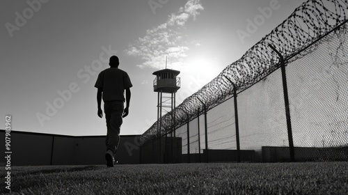 A silhouette of a prisoner walking away from a prison fence, symbolizing hope, release, redemption, second chances, and a new beginning.