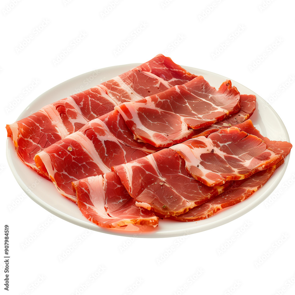 Iberian ham in a plate isolated on a white or transparent background. Spanish style Iberian ham on a white plate. Traditional Spanish dish. Side view.