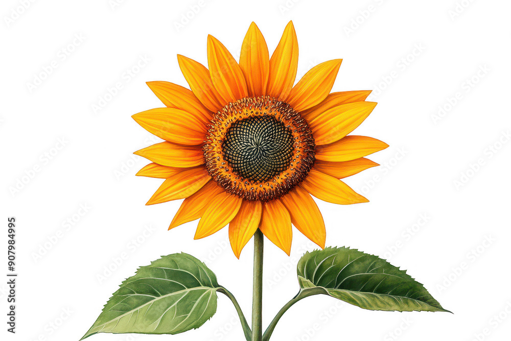 Obraz premium Vibrant sunflower with yellow petals and green leaves, symbolizing warmth and positivity in nature.