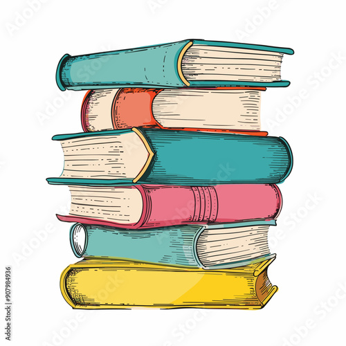 Stack colorful hardcover books stacked vertically different hues designs. Creative educational illustration reading, learning, literature. Brightly bound books designed graphic educational content