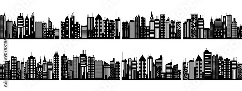 Vector set of different black horizontal night cityscape. Vector city silhouettes, element for design banners,web design, architectural backgrounds
